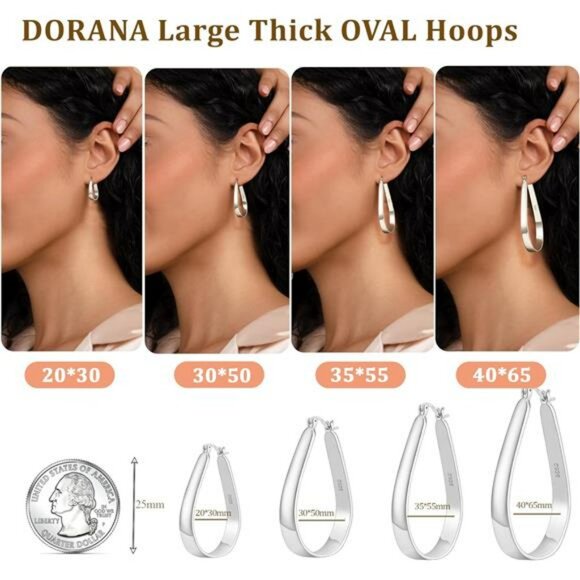 Sterling Silver Oval Hoop Earrings for Women Lightweight Hypoallergenic 40mm - Picture 3 of 6